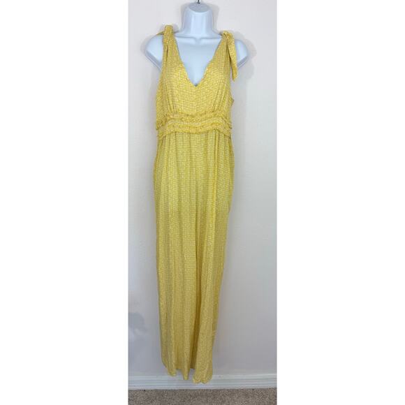Shinestar Yellow Tie Shoulder Smocked Waist Wide Leg Jumpsuit NWT Size Large - Picture 1 of 7